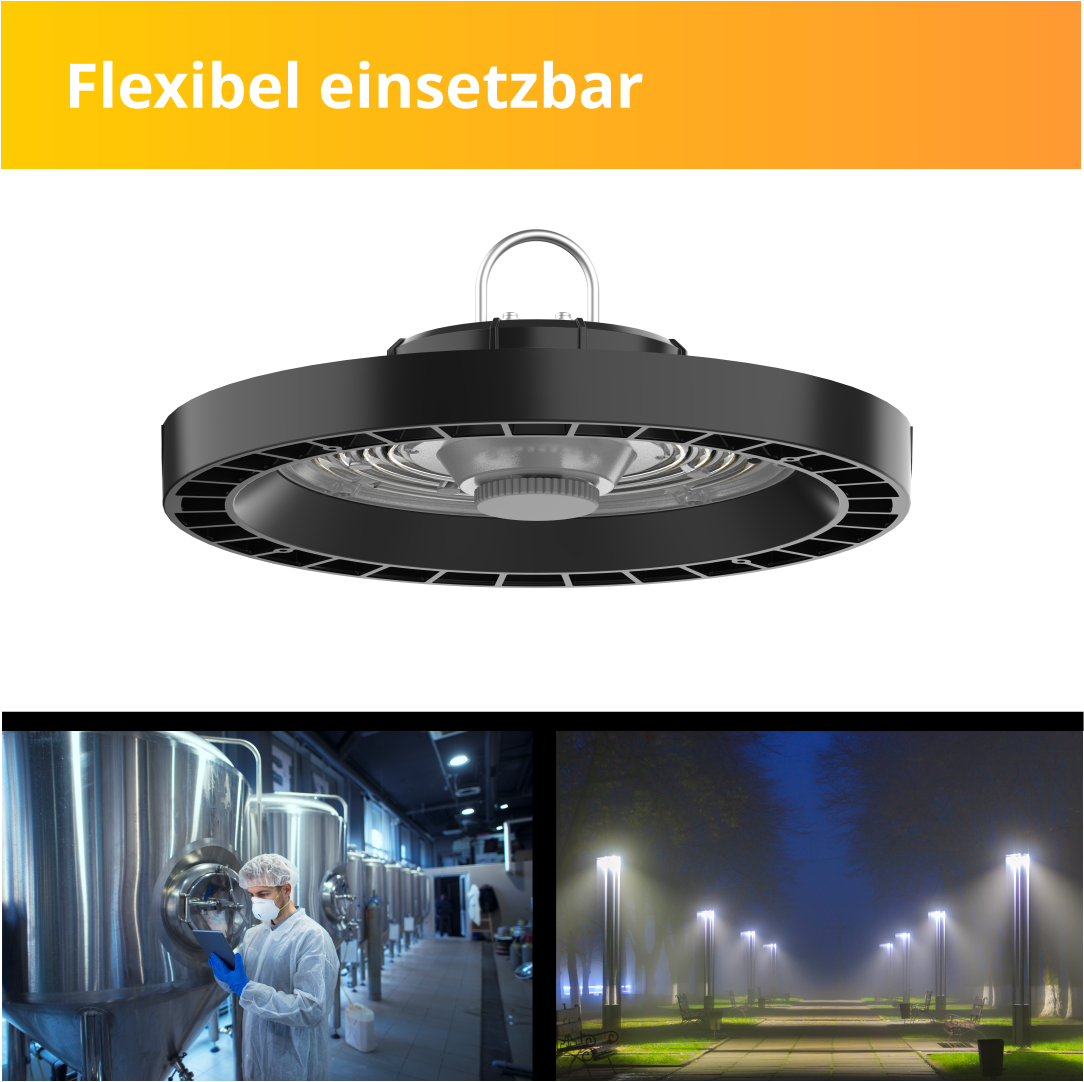 LED-HighBay, UFO, 150 W, 21000 lm, 4000 K (neutralweiß), IP65, LIFUD, LUMILEDS LEDs.
