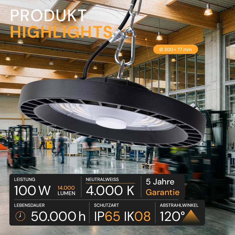 LED-HighBay, UFO, 100 W, 14000 lm, 4000 K (neutralweiß), IP65,LIFUD, LUMILEDS LEDs.