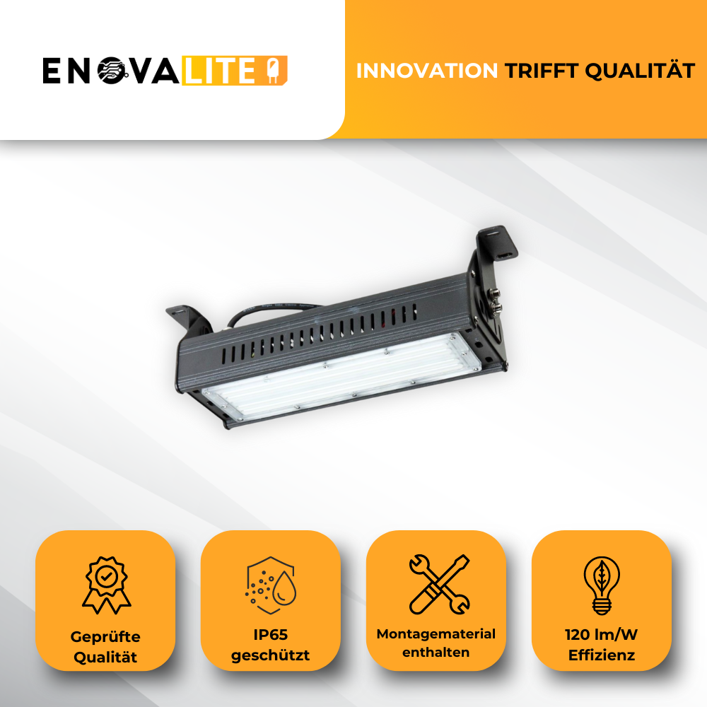 LED-Hallenleuchte, linear, 50 W, 6000 lm, 5000 K (neutralweiß), IP65, ENEC-Zertifizierung, schwarz.