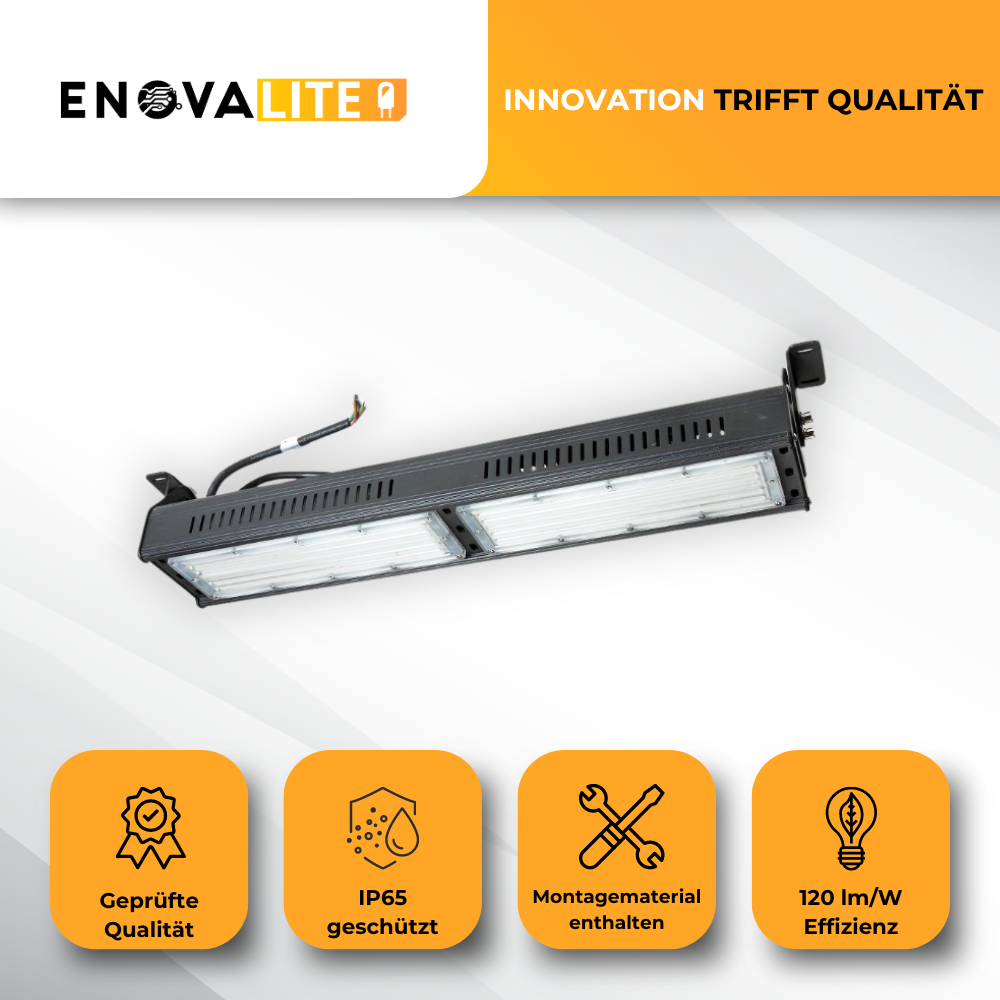 LED-Hallenleuchte, linear, 100 W, 12000 lm, 5000 K (neutralweiß), IP65, ENEC-Zertifizierung, schwarz.
