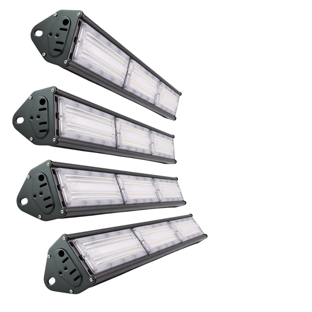 4er Pack LED-Hallenleuchte, linear, 150 W, 18000 lm, 5000 K (neutralweiß), IP65, ENEC-Zertifizierung, schwarz.