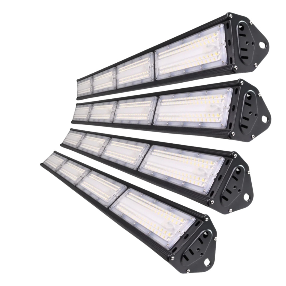4er Pack LED-Hallenleuchte, linear, 200 W, 24000 lm, 5000 K (neutralweiß), IP65, ENEC-Zertifizierung, schwarz.