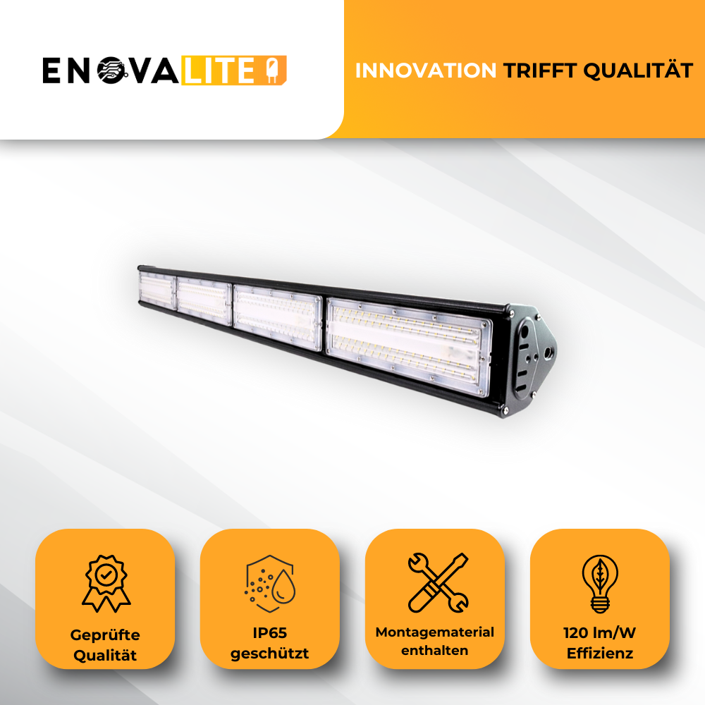 LED-Hallenleuchte, linear, 200 W, 24000 lm, 5000 K (neutralweiß), IP65, ENEC-Zertifizierung, schwarz.