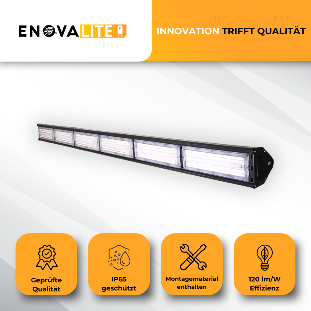 LED-Hallenleuchte, linear, 300 W, 36000 lm, 5000 K (neutralweiß), IP65, ENEC-Zertifizierung, schwarz.