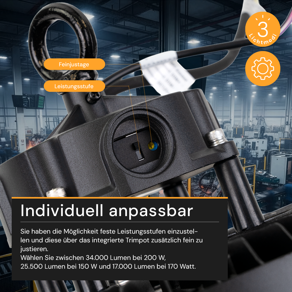 LED-Hallenstrahler, UFO, Leistung einstellbar, 100/150/200W, 4000 K (neutralweiß), 17000-34000 lm, IP65, LIFUD, 0-10V dimmbar, 3-in-1 Leuchte, hohe Energieeffizienz