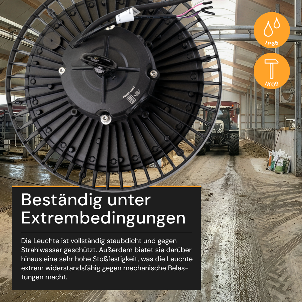 LED-Hallenstrahler, UFO, Leistung einstellbar, 100/150/200W, 4000 K (neutralweiß), 17000-34000 lm, IP65, LIFUD, 0-10V dimmbar, 3-in-1 Leuchte, hohe Energieeffizienz