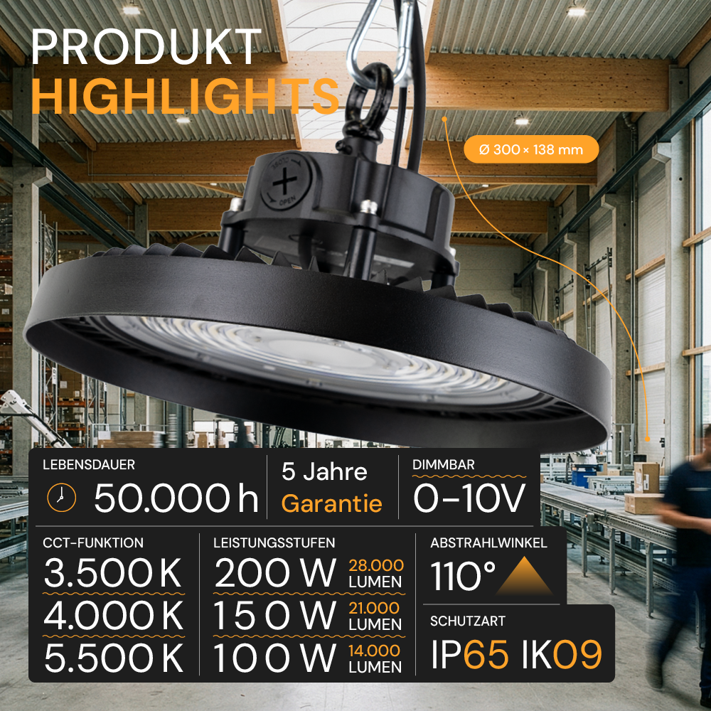 LED-HighBay, UFO, Leistung und Lichtfarbe einstellbar, 100/150/200 W, 3500-5500 K, 14000-28000 lm, IP65, LIFUD, 0-10V dimmbar, 9-in-1 Leuchte, energieeffizient