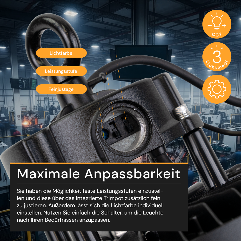 LED-HighBay, UFO, Leistung und Lichtfarbe einstellbar, 100/150/200 W, 3500-5500 K, 14000-28000 lm, IP65, LIFUD, 0-10V dimmbar, 9-in-1 Leuchte, energieeffizient