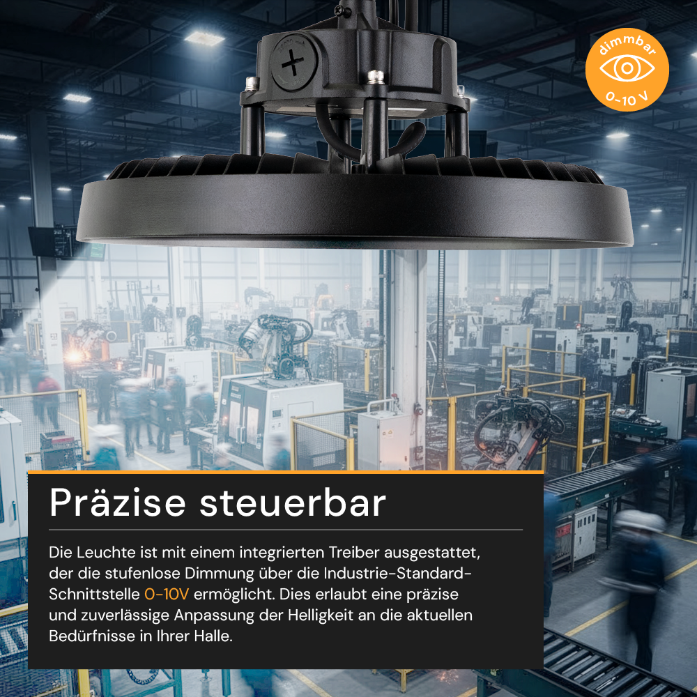 LED-HighBay, UFO, Leistung und Lichtfarbe einstellbar, 100/150/200 W, 3500-5500 K, 14000-28000 lm, IP65, LIFUD, 0-10V dimmbar, 9-in-1 Leuchte, energieeffizient