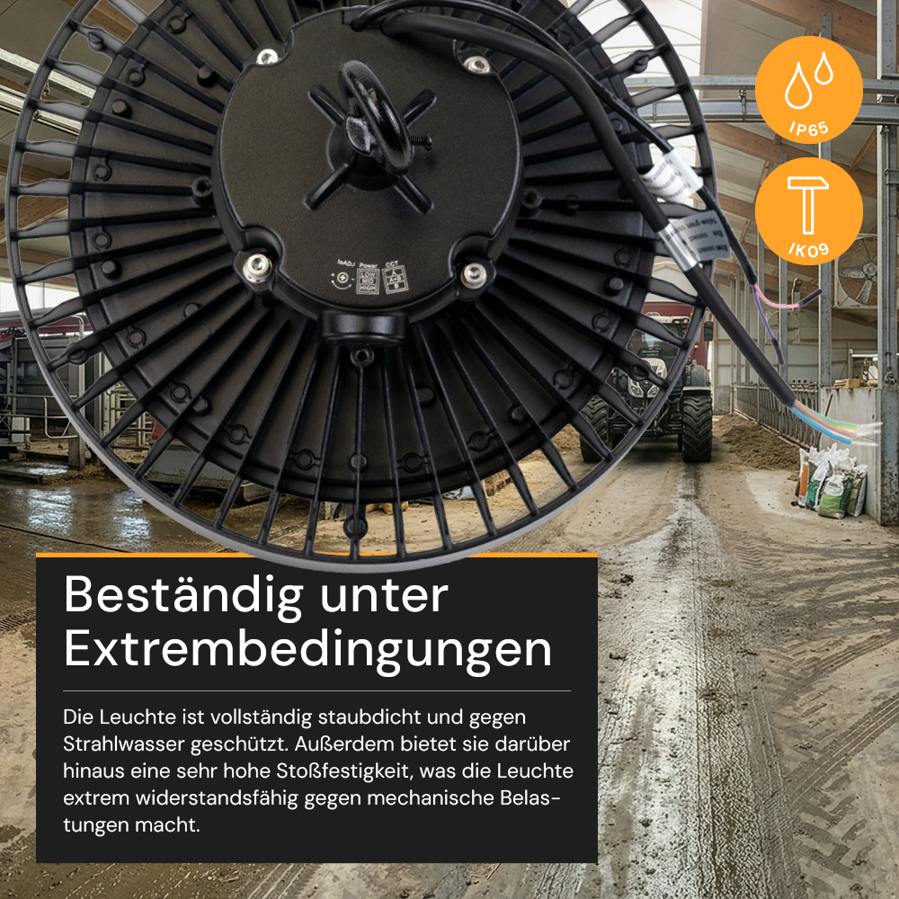 LED-HighBay, UFO, Leistung und Lichtfarbe einstellbar, 100/150/200 W, 3500-5500 K, 14000-28000 lm, IP65, LIFUD, 0-10V dimmbar, 9-in-1 Leuchte, energieeffizient