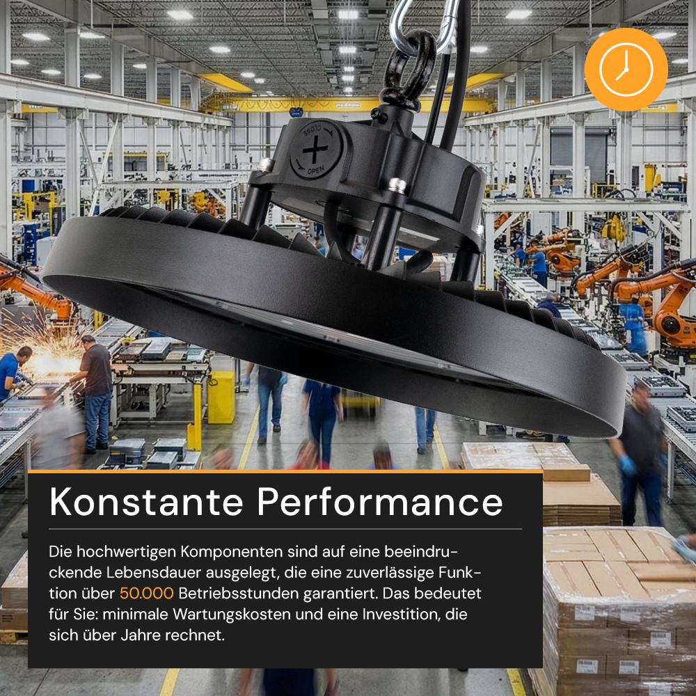 LED-HighBay, UFO, Leistung und Lichtfarbe einstellbar, 100/150/200 W, 3500-5500 K, 14000-28000 lm, IP65, LIFUD, 0-10V dimmbar, 9-in-1 Leuchte, energieeffizient