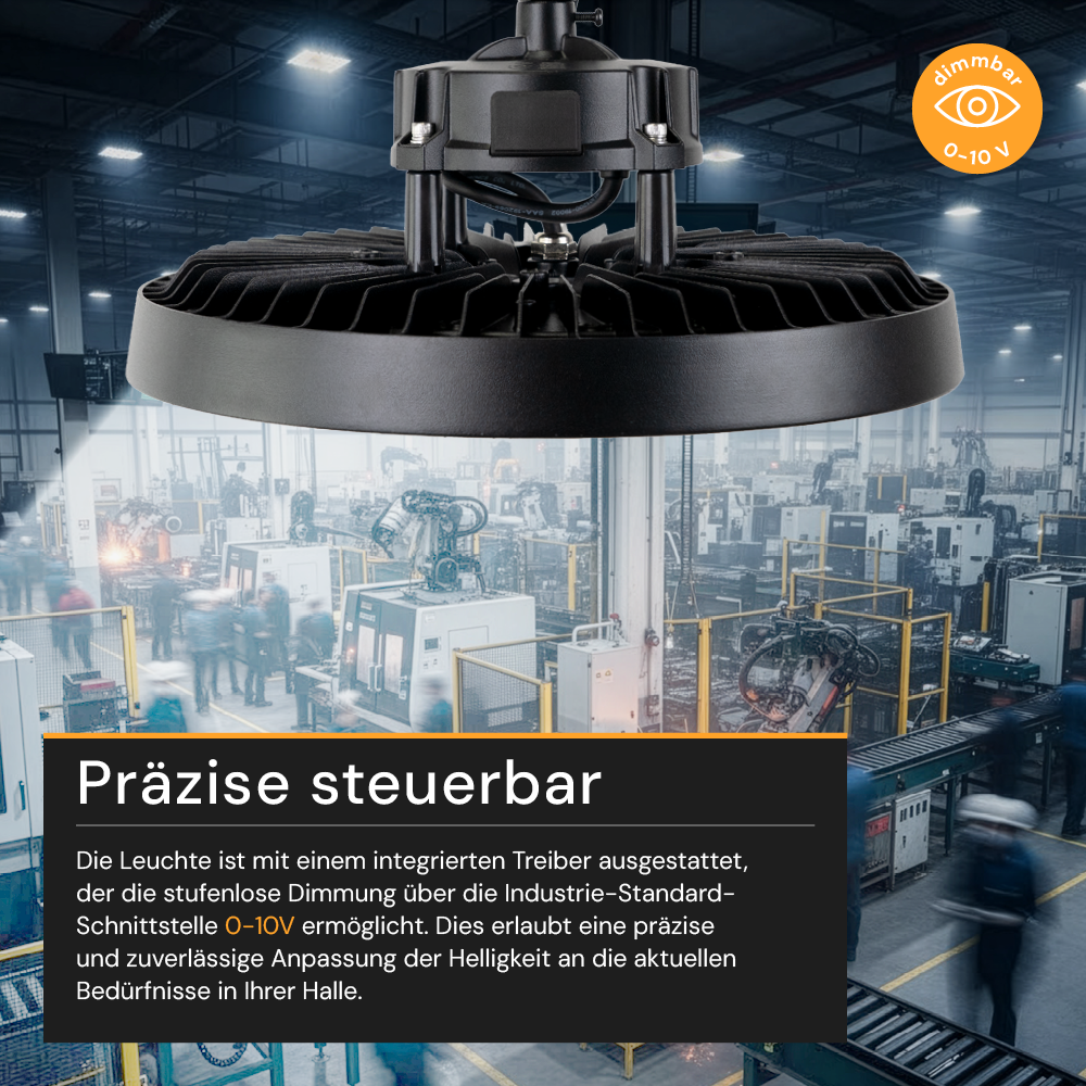 LED-HighBay, UFO, 150 W, 5000 K (neutralweiß), 25500 lm, IP65, LIFUD Netzteil, dimmbar, hohe Energieeffizienz