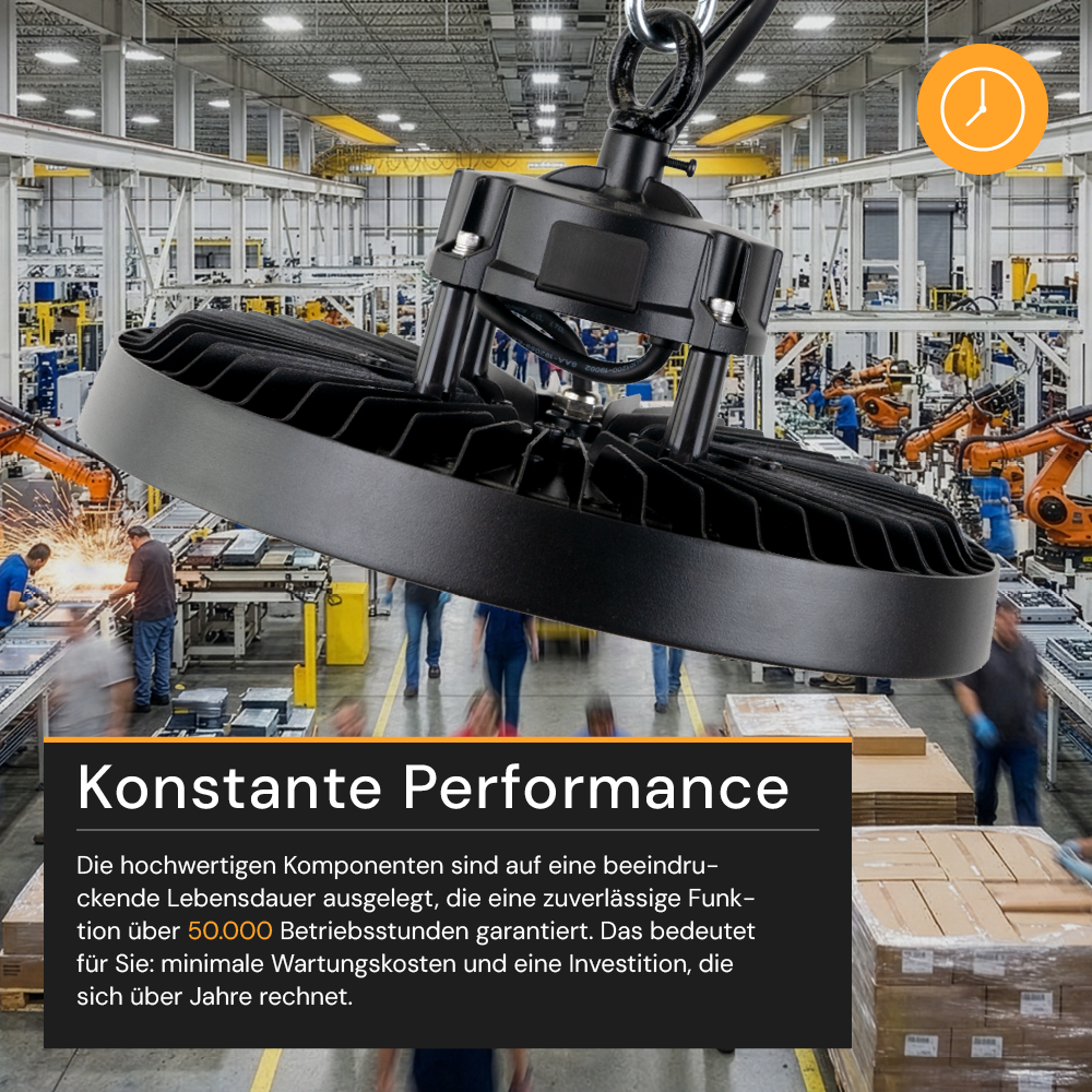 LED-HighBay, UFO, 150 W, 5000 K (neutralweiß), 25500 lm, IP65, LIFUD Netzteil, dimmbar, hohe Energieeffizienz