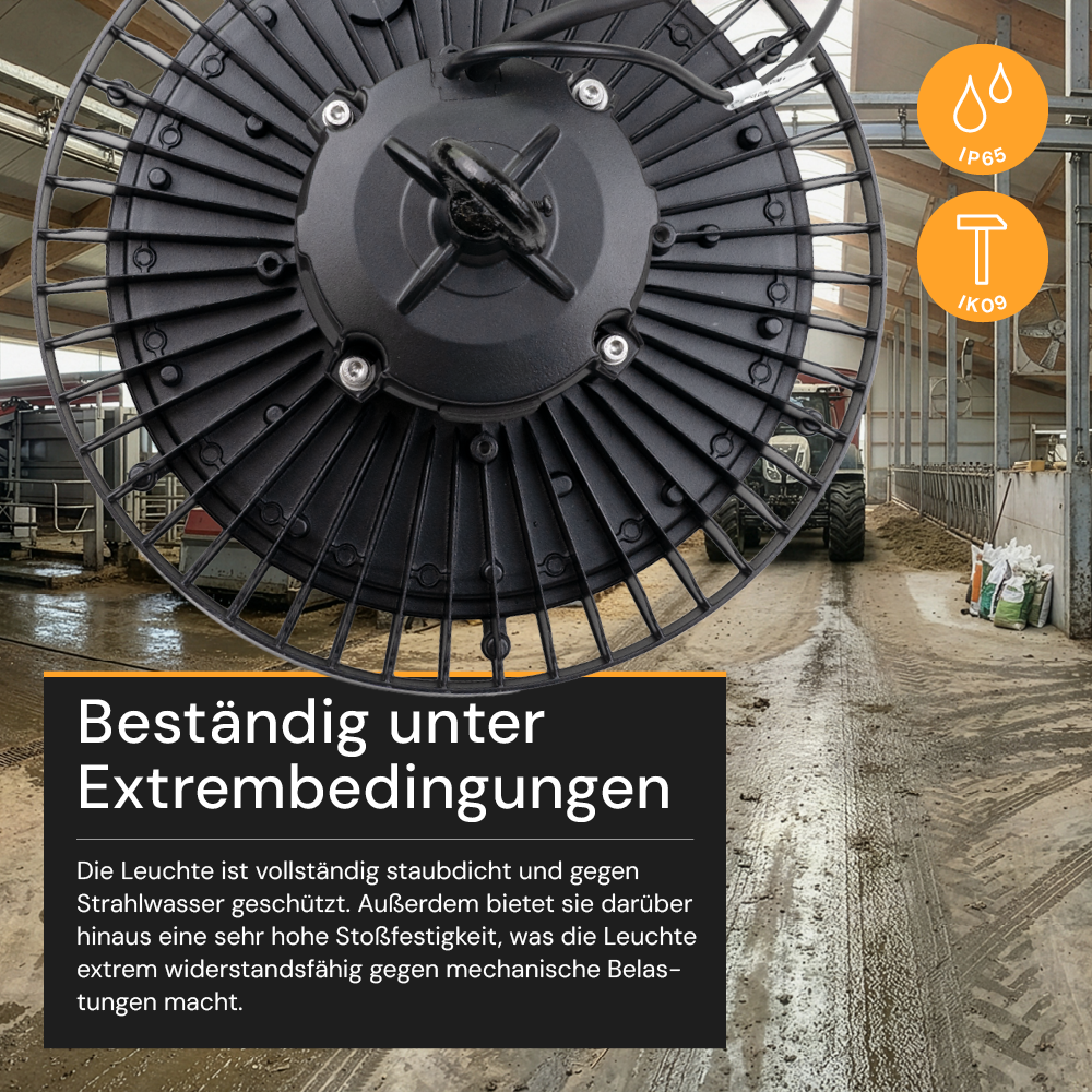 LED-HighBay, UFO, 200 W, 5000 K (neutralweiß), 34000 lm, IP65, LIFUD Netzteil, dimmbar, hohe Energieeffizienz