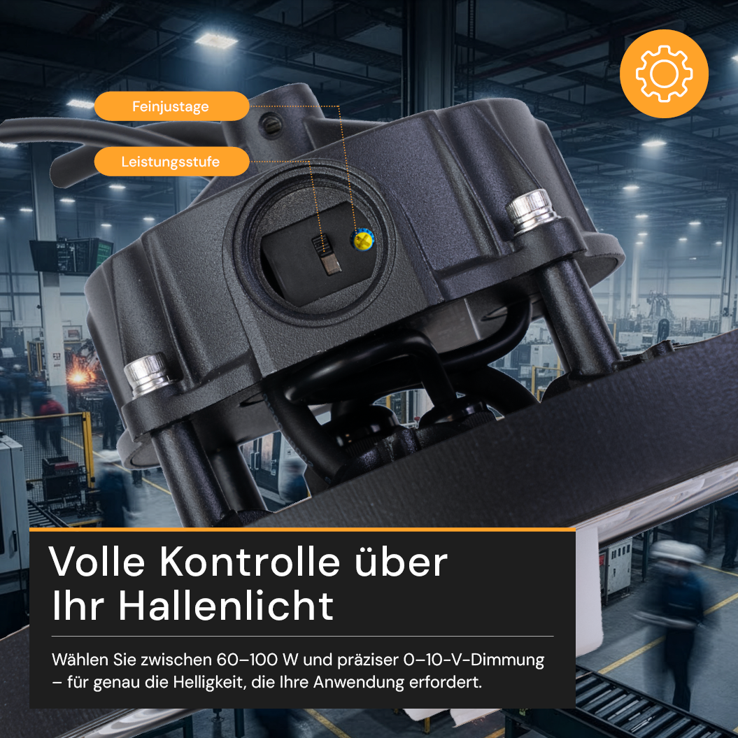 LED-HighBay, Sensor-Ready, UFO, anpassbare Leistung 60-100 W, 4000 K (neutralweiß), 9600-16000 lm, dimmbar, 60°/90°/120° Abstrahlwinkel, IP65, MOSO, hohe Energieeffizienz