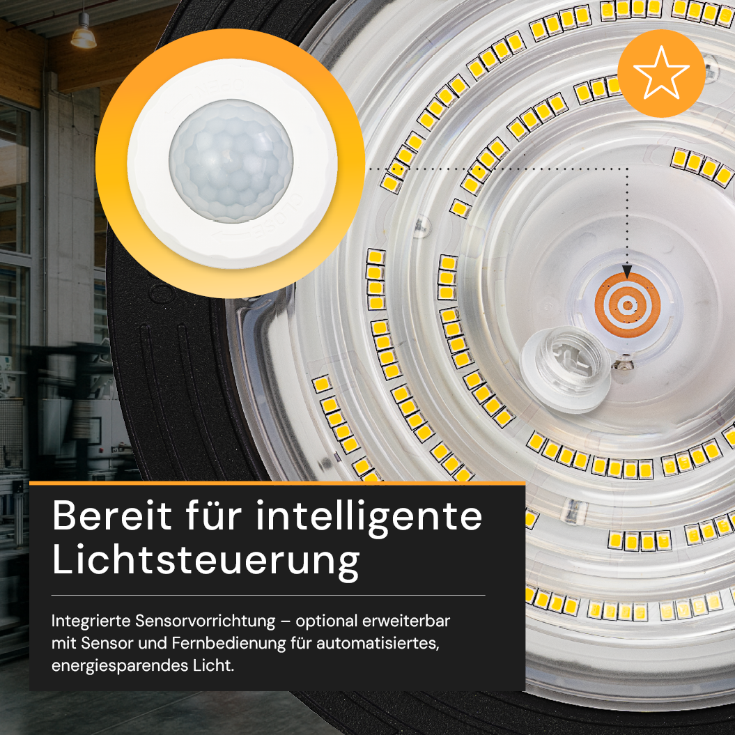 LED-HighBay, Sensor-Ready, UFO, anpassbare Leistung 60-100 W, 4000 K (neutralweiß), 9600-16000 lm, dimmbar, 60°/90°/120° Abstrahlwinkel, IP65, MOSO, hohe Energieeffizienz