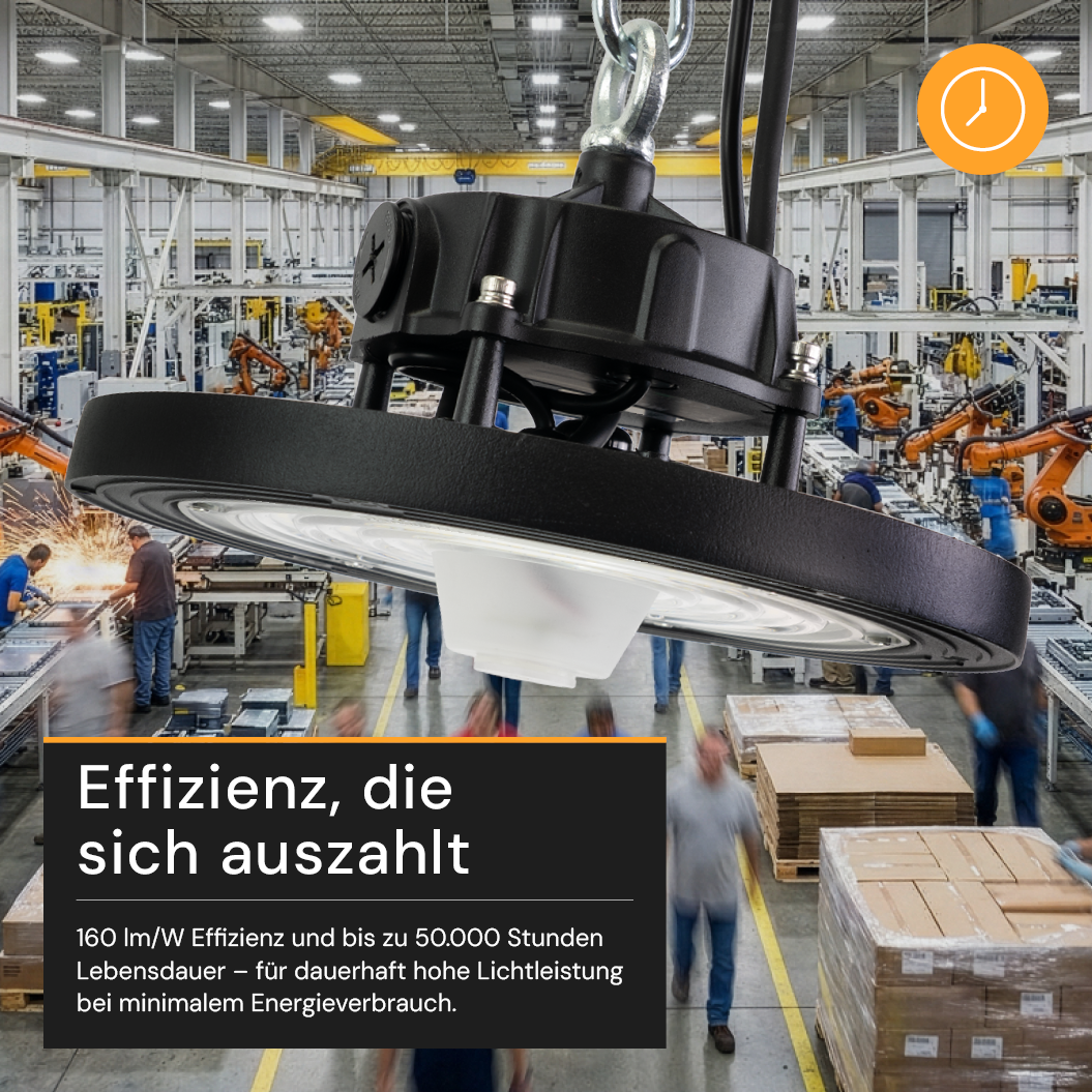 LED-HighBay, Sensor-Ready, UFO, anpassbare Leistung 60-100 W, 4000 K (neutralweiß), 9600-16000 lm, dimmbar, 60°/90°/120° Abstrahlwinkel, IP65, MOSO, hohe Energieeffizienz