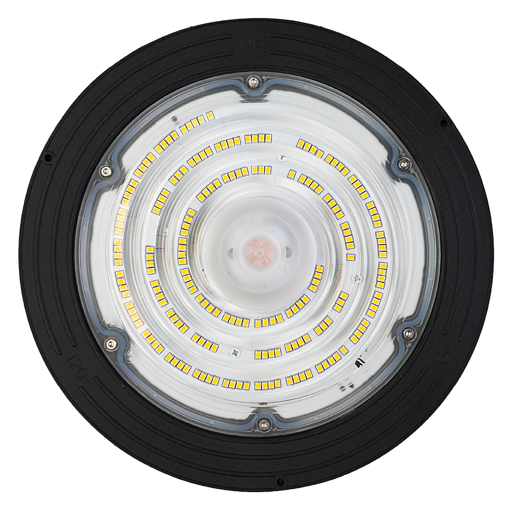 LED-HighBay, Sensor-Ready, UFO, anpassbare Leistung 60-100 W, 4000 K (neutralweiß), 9600-16000 lm, dimmbar, 60°/90°/120° Abstrahlwinkel, IP65, MOSO, hohe Energieeffizienz
