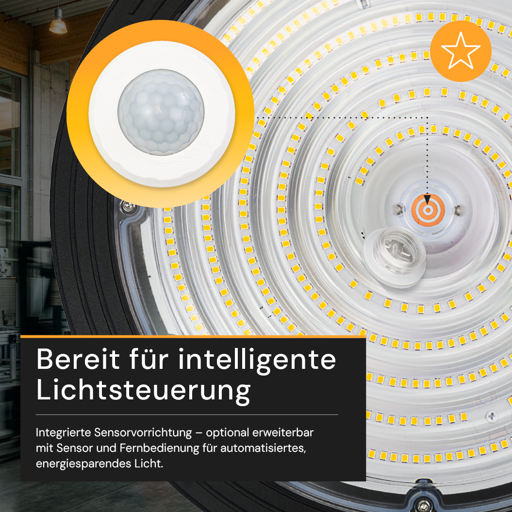 LED-HighBay, Sensor-Ready, UFO, anpassbare Leistung 120-200 W, 4000 K (neutralweiß), 19200-32000 lm, dimmbar, 60°/90°/120° Abstrahlwinkel, IP65, MOSO, hohe Energieeffizienz