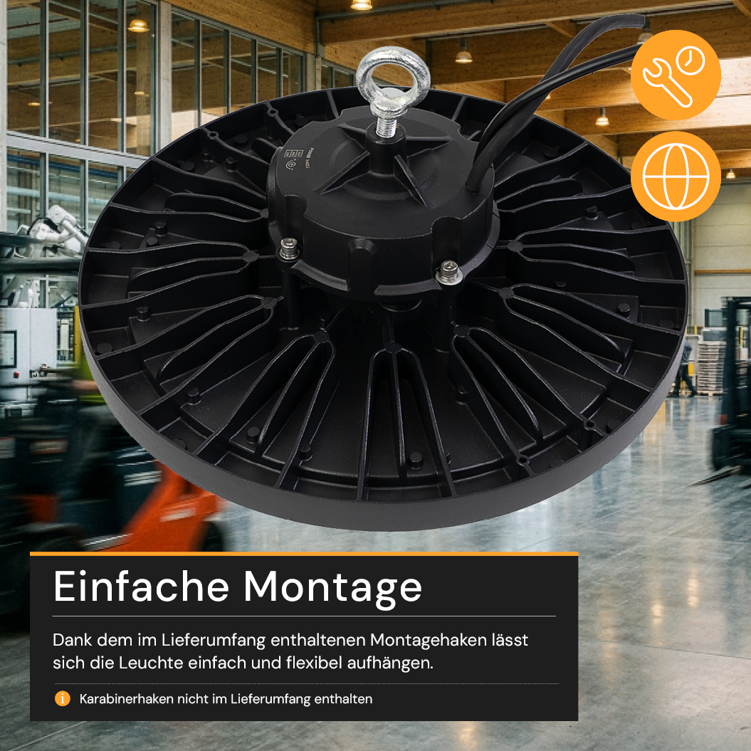 LED-HighBay, Sensor-Ready, UFO, anpassbare Leistung 120-200 W, 4000 K (neutralweiß), 19200-32000 lm, dimmbar, 60°/90°/120° Abstrahlwinkel, IP65, MOSO, hohe Energieeffizienz