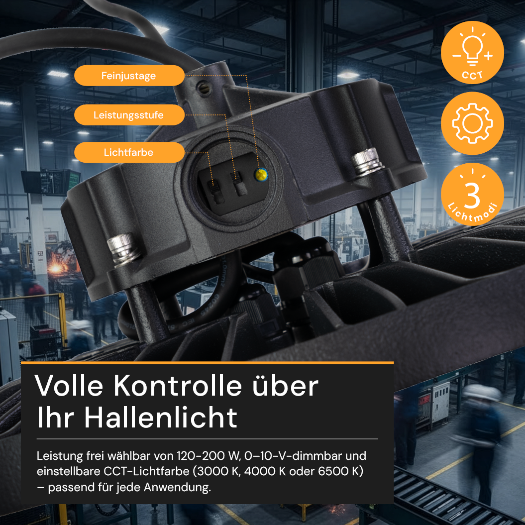 LED-HighBay, Sensor-ready, UFO, anpassbare Leistung und Licht, 120-200 W, 3000–6500K (warm- bis kaltweiß), 19200-32000 lm, dimmbar, 60°/90°/120° Abstrahlwinkel, IP65, MOSO, hohe Energieeffizienz