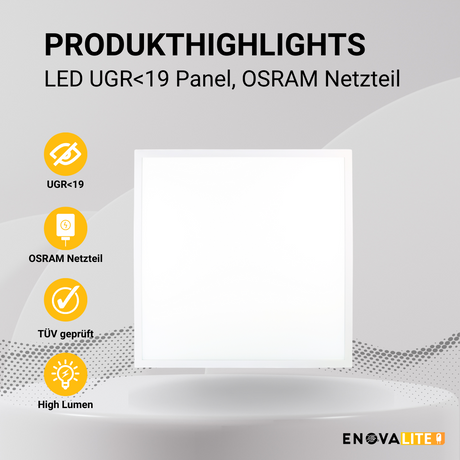 LED Panel, 62x62 cm, 36 W, 4320 lm, 4000 K, UGR<19, OSRAM-Driver, TÜV-zertifiziert  Lichttechnik24.de.