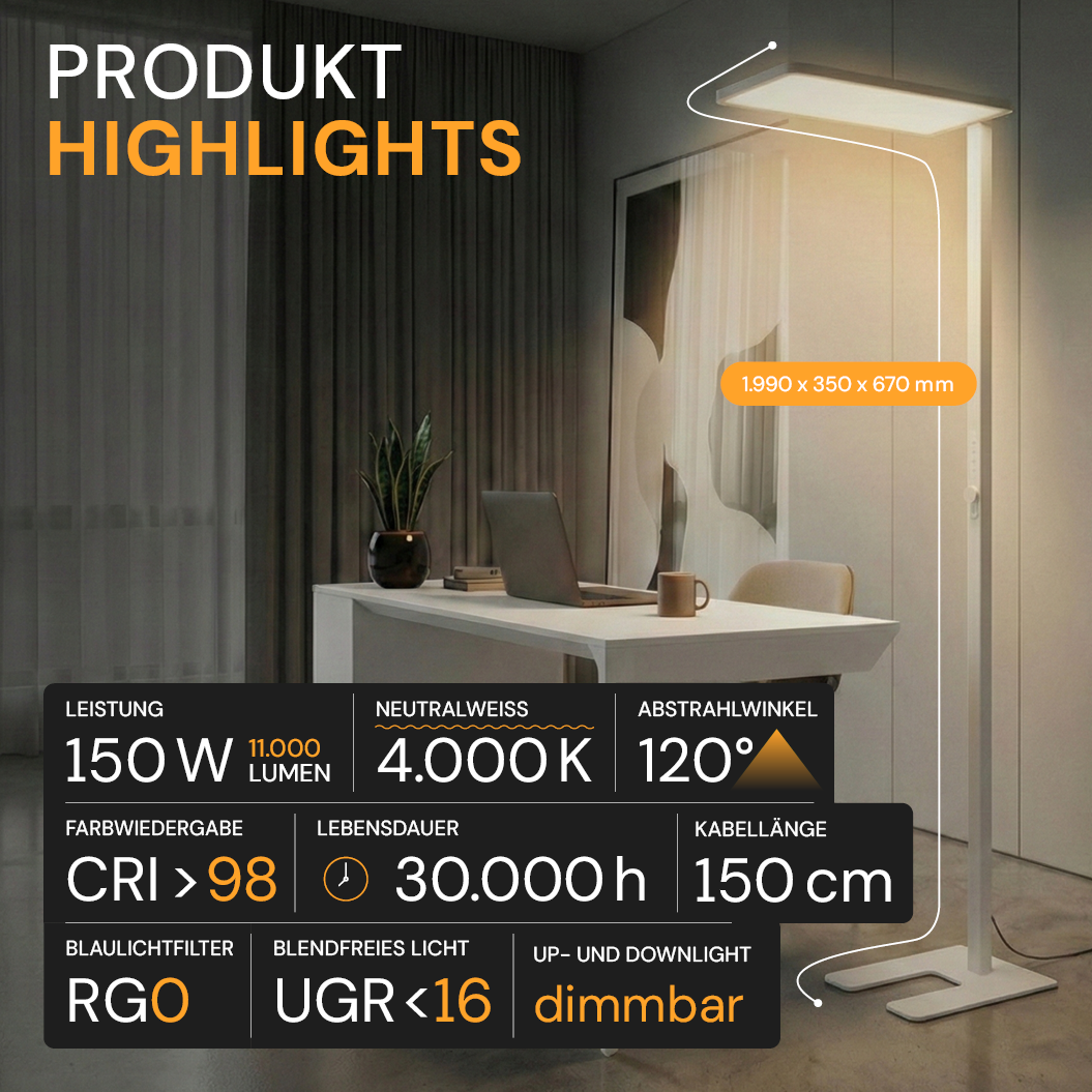 LED Büro-Stehleuchte Up&Down mit Sensor, 150W, 11.000lm, 4000K, UGR<16, CRI>98, dimmbar,
