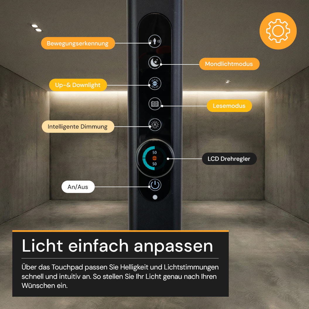 LED Büro-Stehleuchte Up&Down mit Sensor, 150W, 11.000lm, 4000K, UGR<16, CRI>98, dimmbar, schwarz