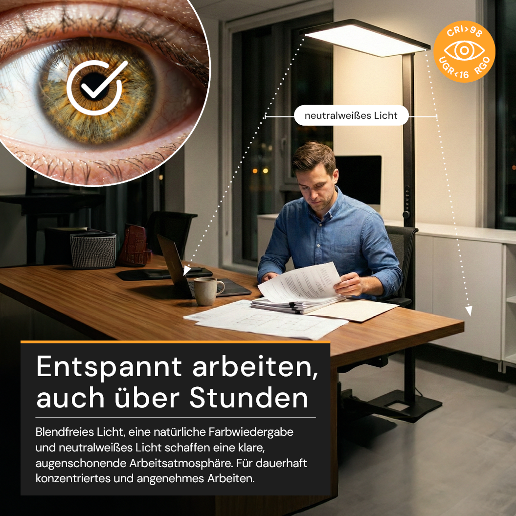 LED Büro-Stehleuchte Up&Down mit Sensor, 150W, 11.000lm, 4000K, UGR<16, CRI>98, dimmbar, schwarz