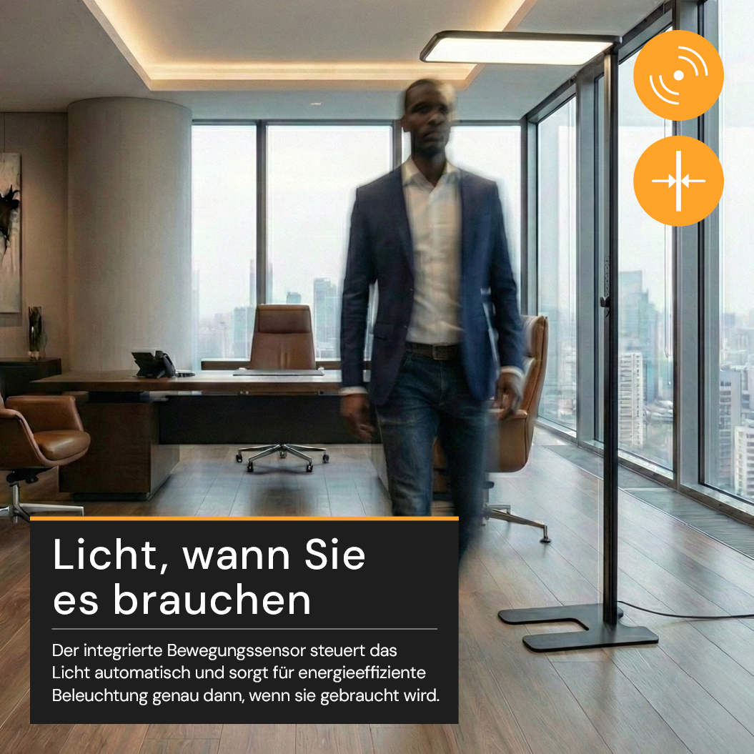 LED Büro-Stehleuchte Up&Down mit Sensor, 150W, 11.000lm, 4000K, UGR<16, CRI>98, dimmbar, schwarz