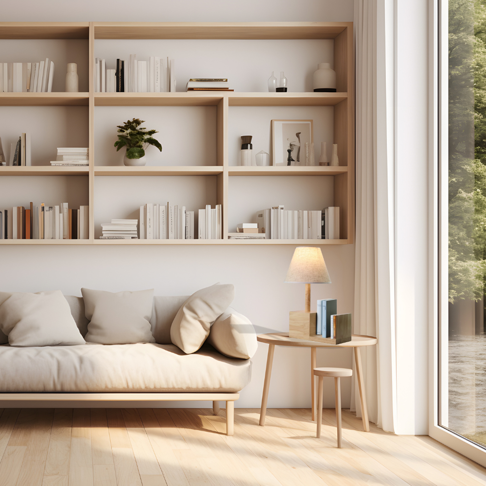 Tischleuchte aus Holz mit praktische Bücherablage und Stoffschirm.