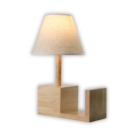 Tischleuchte aus Holz mit praktische Bücherablage und Stoffschirm.