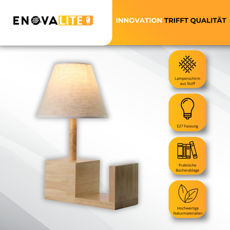 Tischleuchte aus Holz mit praktische Bücherablage und Stoffschirm.