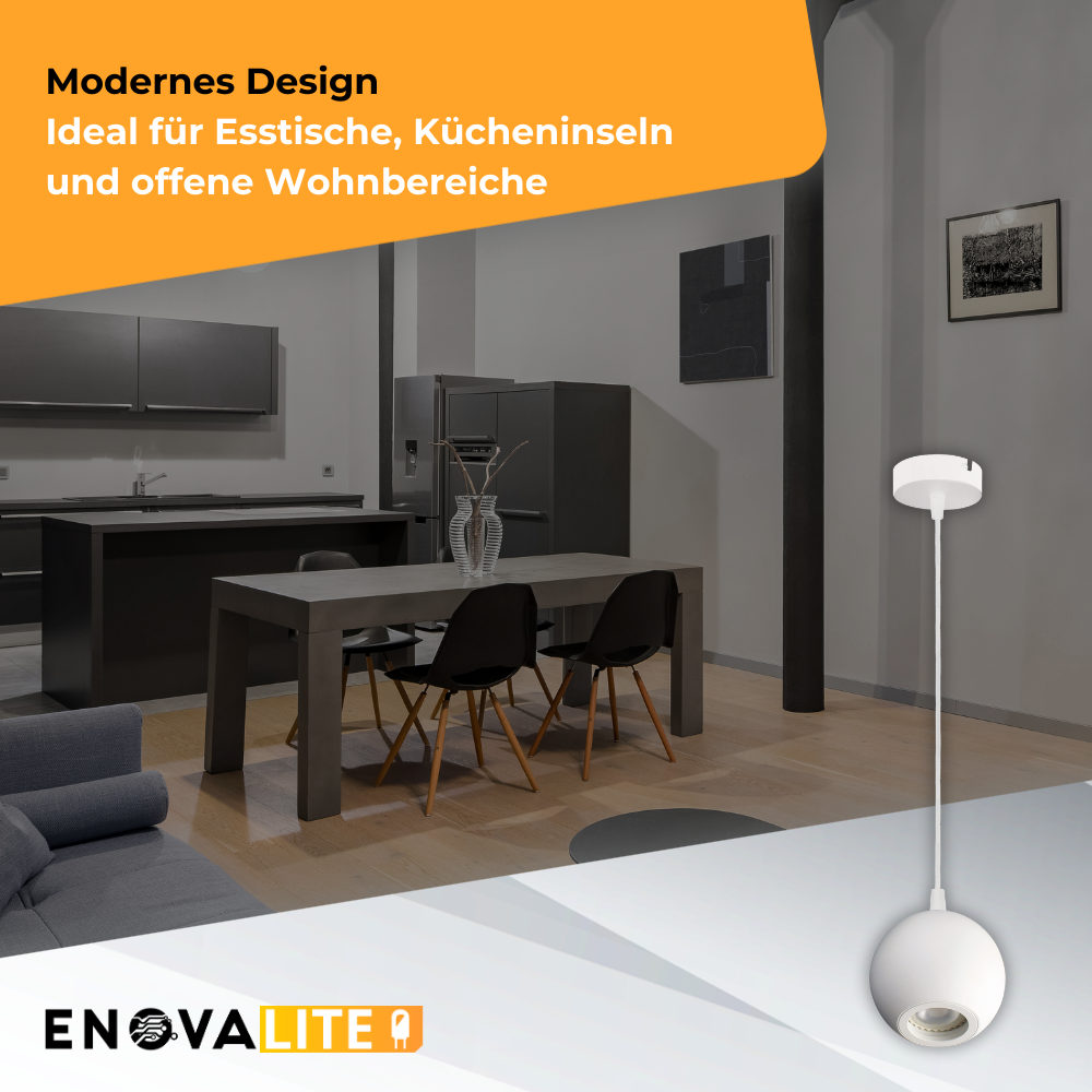 Pendelleuchte GLOBE, in Weiß, aus Alu und Stahl, 1-flammig, GU10-Fassung, IP20, Ø10cm.