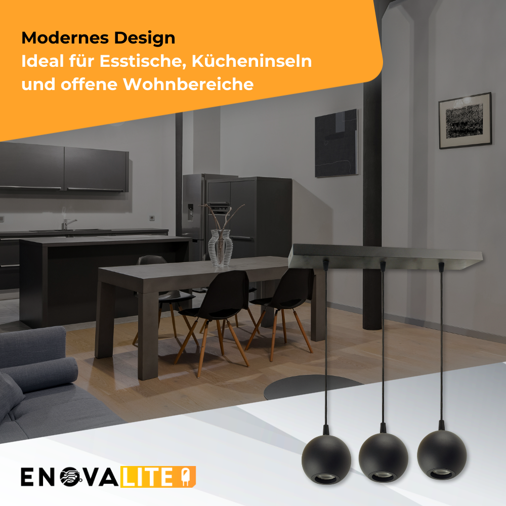 Pendelleuchte GLOBE, in Schwarz, aus Alu und Stahl, 3-flammig, GU10-Fassung, IP20, Ø10cm.