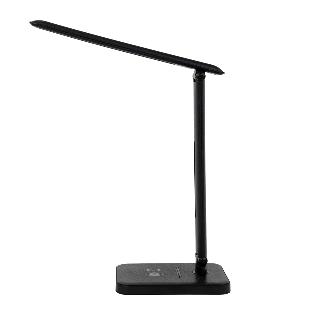 LED-Tischleuchte mit induktiver Ladestation, schwarz, inklusive Dimm- und CCT-Funktion, 5 W Leistung, 160x320 mm.