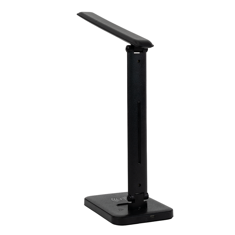 LED-Tischleuchte mit induktiver Ladestation, schwarz, inklusive Dimm- und CCT-Funktion, 5 W Leistung, 160x320 mm.
