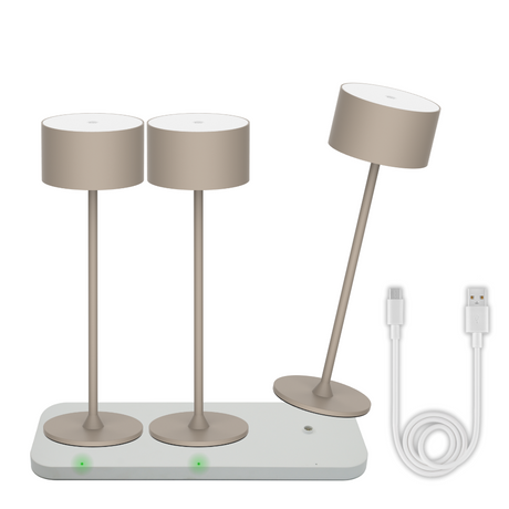 3er Set LED-Tischleuchte mit Akku, inkl Ladestation, Up- & Downlight, Dimm- & CCT-Funktion, sandfarben, wiederaufladbar, Innen und Außenbereich, IP44, USB-C.