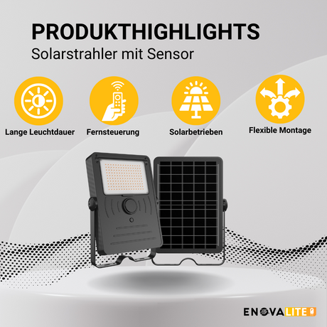 Solarstrahler mit Sensor, 24 h Lichtzeit, 10 W, 1500 lm, 4000 K (neutralweiß), IP65, Parkplatzleuchte
