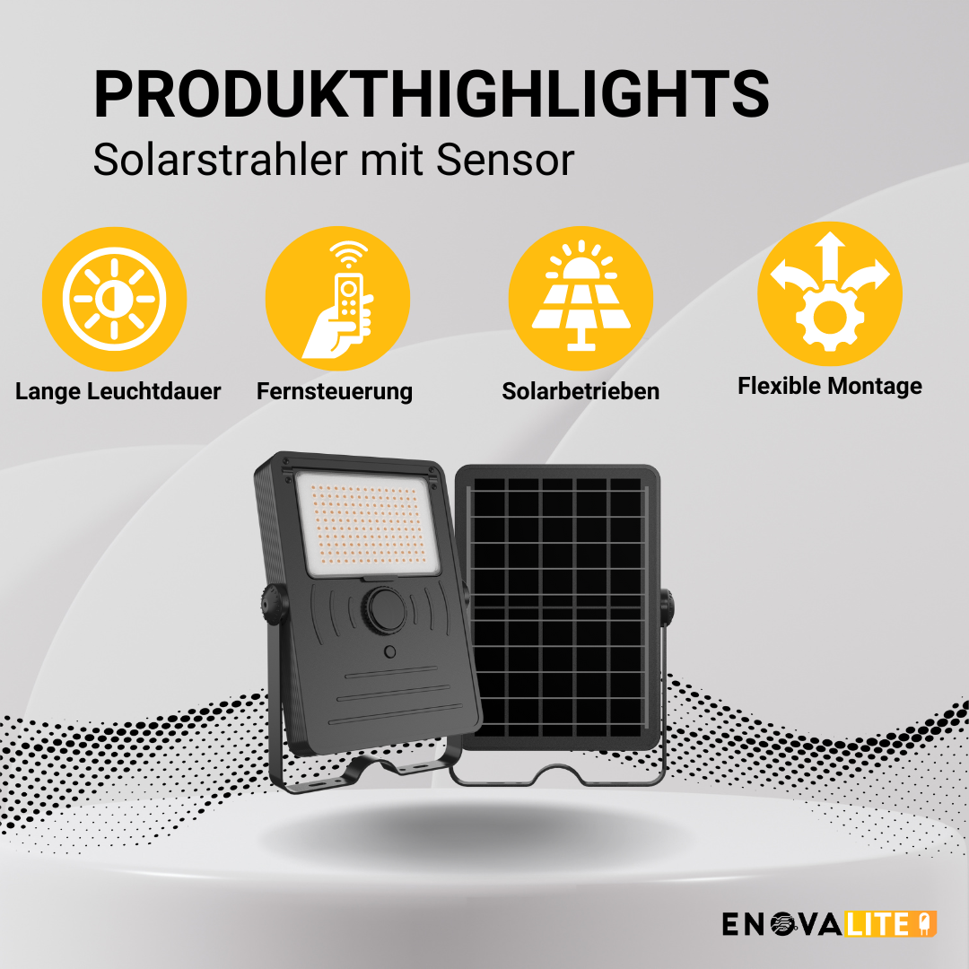 Solarstrahler mit Sensor, LED-Fluter, 24 h Lichtzeit, 10 W, 1500 lm, 4000 K (neutralweiß), IP65, Parkplatzleuchte.