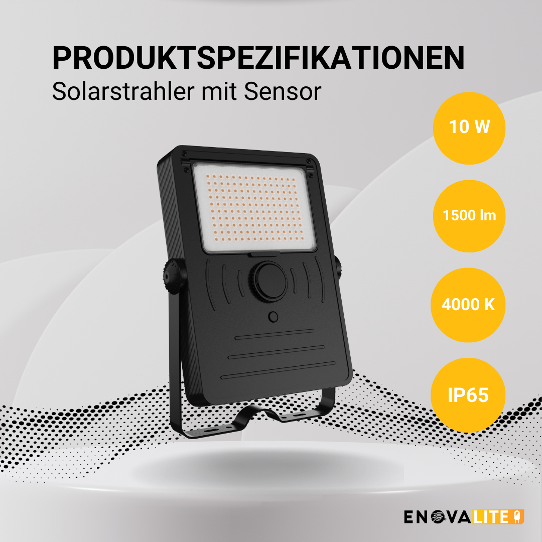Solarstrahler mit Sensor, LED-Fluter, 24 h Lichtzeit, 10 W, 1500 lm, 4000 K (neutralweiß), IP65, Parkplatzleuchte.