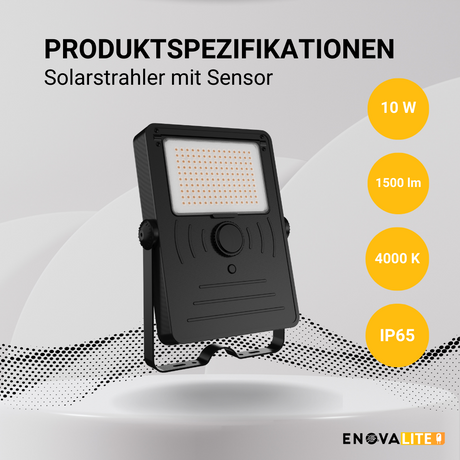 Solarstrahler mit Sensor, LED-Fluter, 24 h Lichtzeit, 10 W, 1500 lm, 4000 K (neutralweiß), IP65, Parkplatzleuchte.
