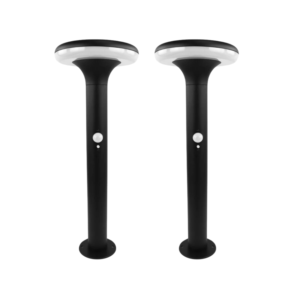 2er-Pack Solar Wegeleuchte mit PIR Sensor, rund, 3000 K (warmweiß), 12 Stunden Leuchtzeit, 3 Lichtmodi, IP54-Wasserdicht, aus Aluminium.