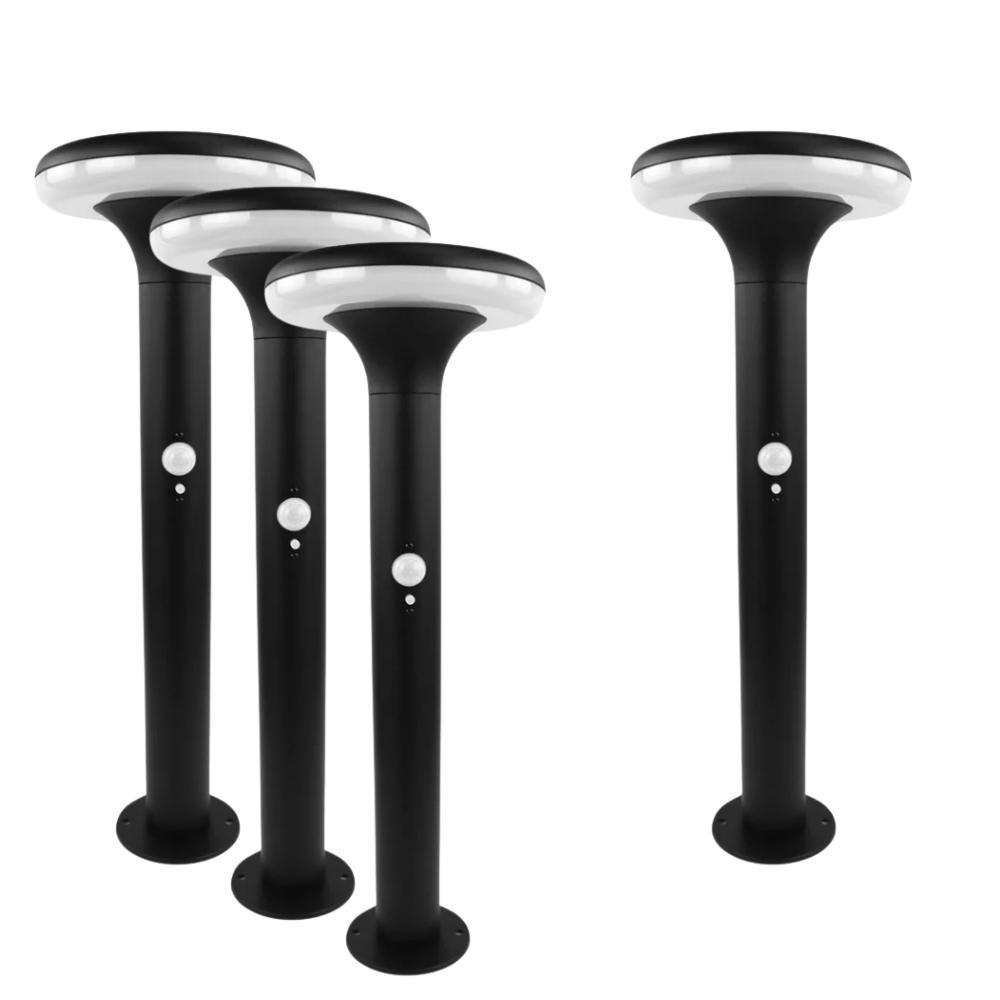 4er-Pack Solar Wegeleuchte mit PIR Sensor, rund, 3000 K (warmweiß), 12 Stunden Leuchtzeit, 3 Lichtmodi, IP54-Wasserdicht, aus Aluminium.