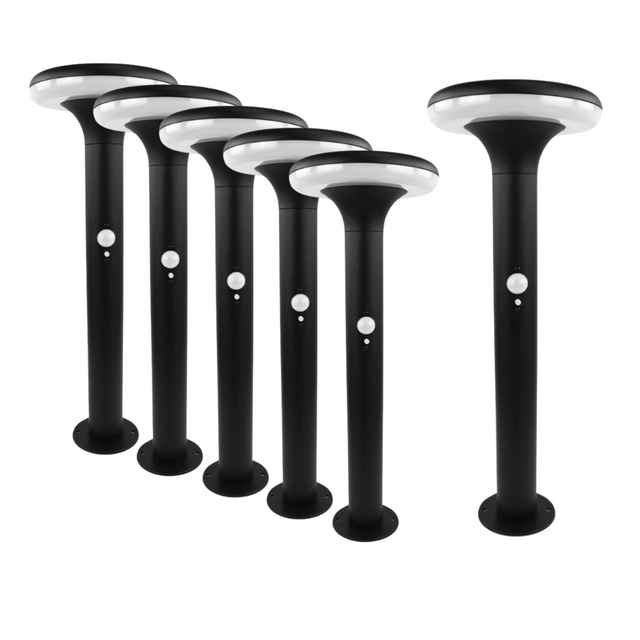 6er-Pack Solar Wegeleuchte mit PIR Sensor, rund, 3000 K (warmweiß), 12 Stunden Leuchtzeit, 3 Lichtmodi, IP54-Wasserdicht, aus Aluminium.