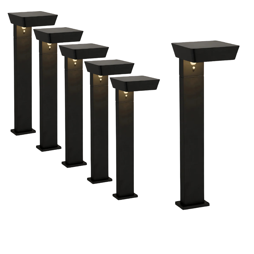 6er-Pack Solar Wegeleuchte mit PIR Sensor, eckig, 3000 K (warmweiß), 12 Stunden Leuchtzeit, 3 Lichtmodi, IP54-Wasserdicht, aus hochwertigem Aluminium.