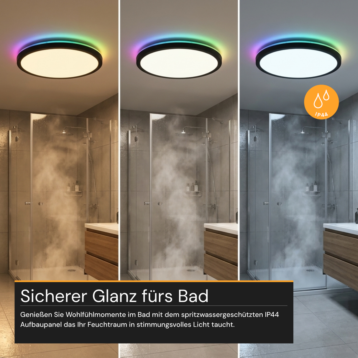 RGB Panel Up&Down, 15W, 1550lm, IP44, ø283x28mm, 3000-6500 K (CCT), dimmbar, schwarz.