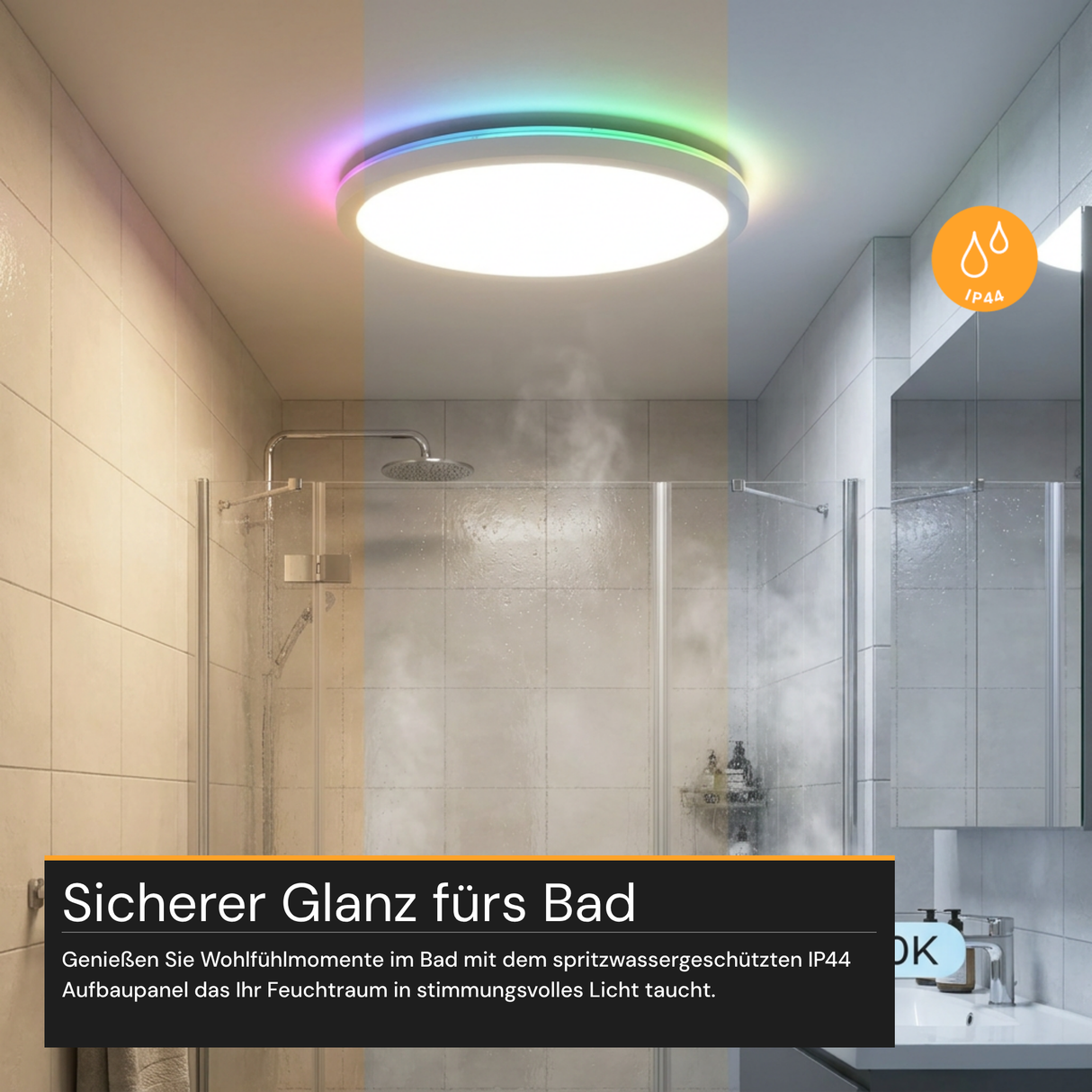 RGB Panel Up&Down, 15W, 1550lm, IP44, ø283x28mm, 3000-6500K (CCT), dimmbar, weiß.