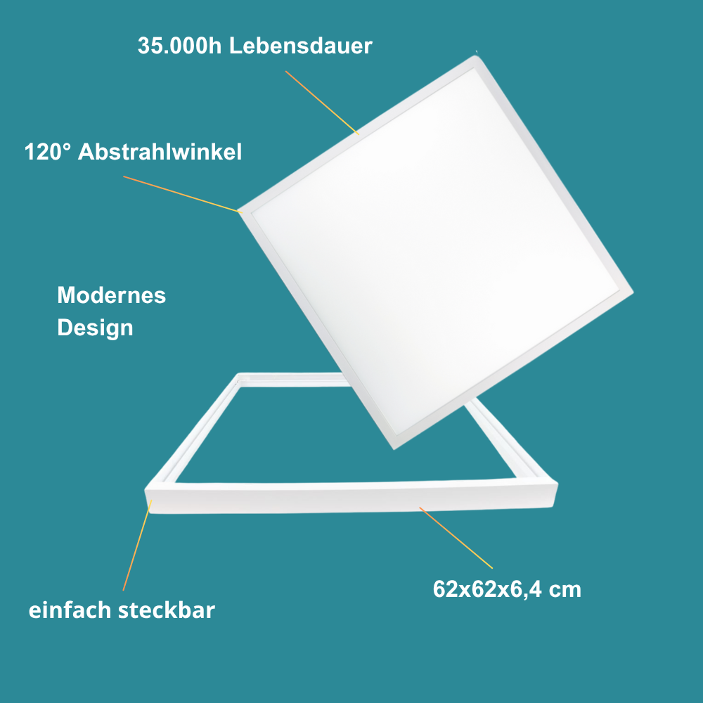 6er Pack LED-Panels, 62x62 cm, inkl 6x Aufbaurahmen, 4000 K, 36 W, 3600 lm, ECO Line.