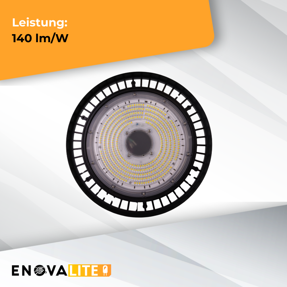 LED-HighBay, UFO, Leistung und Lichtfarbe einstellbar, 100/150/200 W, 3500-5500 K, 14000-28000 lm, IP65, LIFUD, 0-10V dimmbar, 9-in-1 Leuchte, energieeffizient.